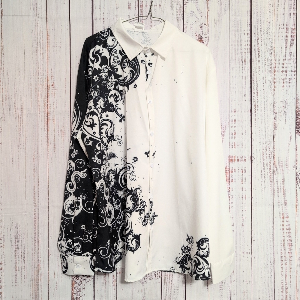 Men's Lightweight Printed Button Down Shirt sz XXL Black and White Unbranded EUC